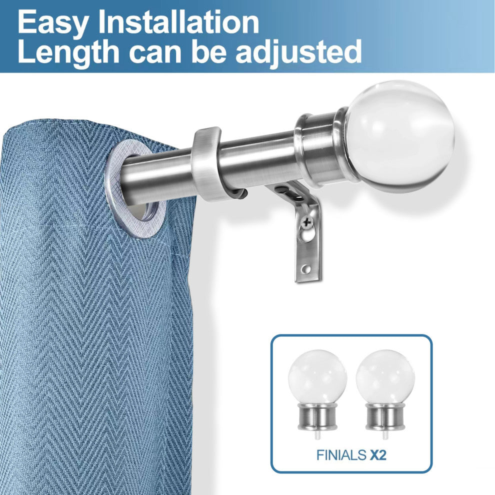 1" Crystal Ball Drapery Curtain Rod, Brushed Steel, 28"-48"
