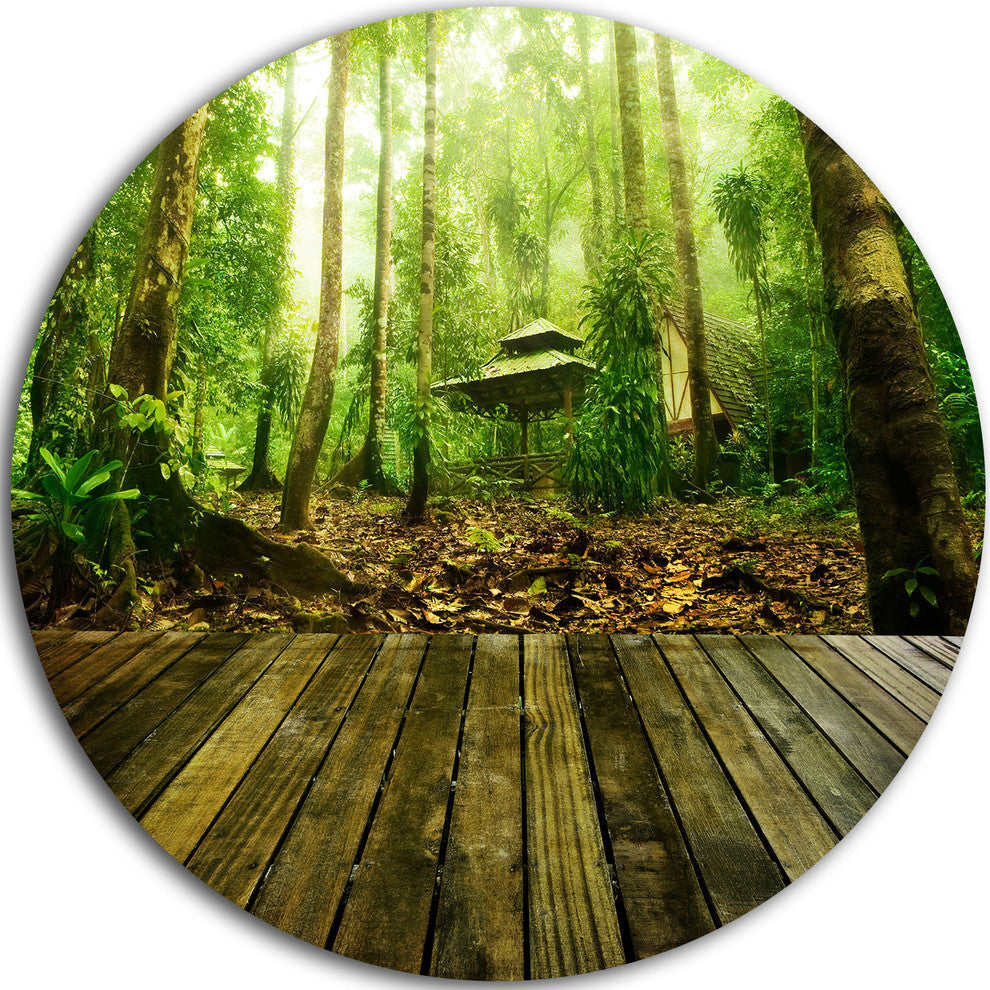 Wooden Platform In Green Forest, Landscape Round Metal Wall Art, 11"