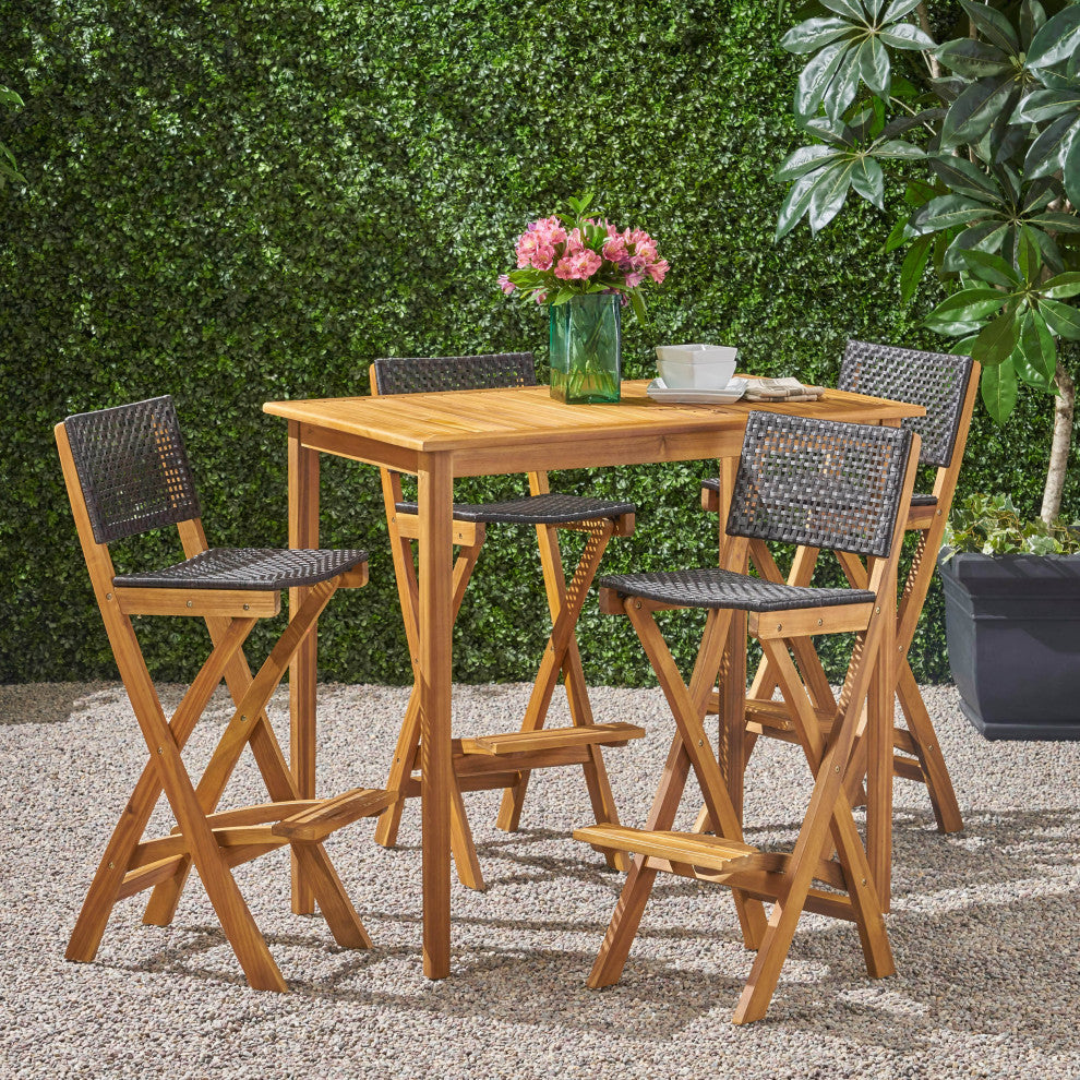 Elizabeth Outdoor 45" Rectangular 5-Piece Wood and Wicker Bar Height Set, Natural Wood