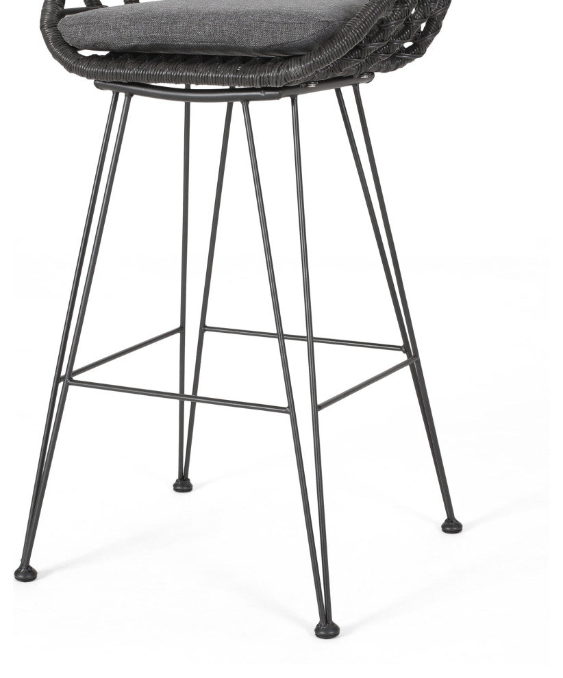 Lisa Outdoor Wicker Barstools with Cushions, Set of 2, Gray, Black, Dark Gray