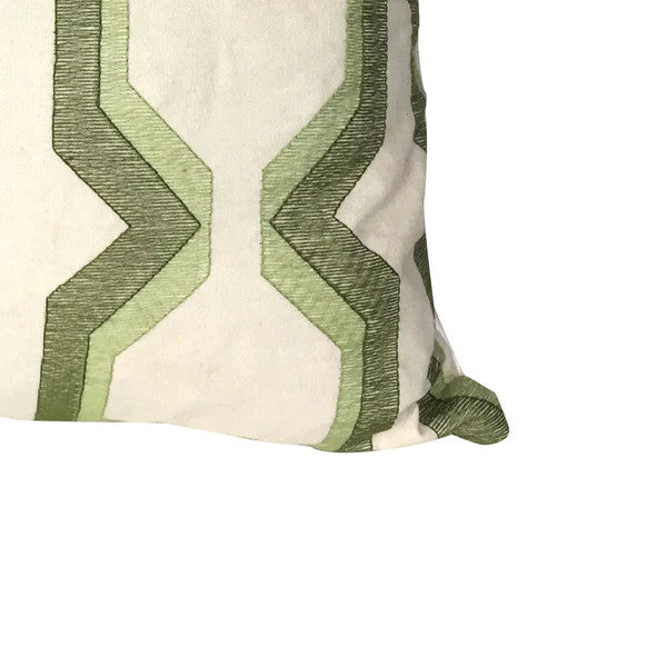 Benzara BM200588 Cotton Pillow with Geometric Embroidery, Green and White