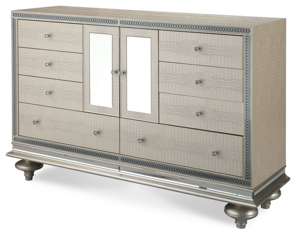Hollywood Swank Upholstered Dresser, Crystal Croc