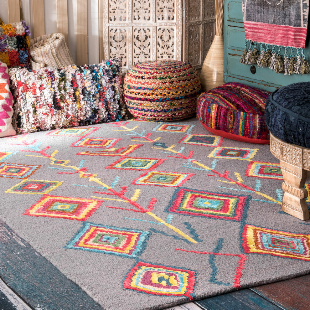 Nuloom Hand-Tufted Bohemian Moroccan Diamond Rug, Grey 5'x8'