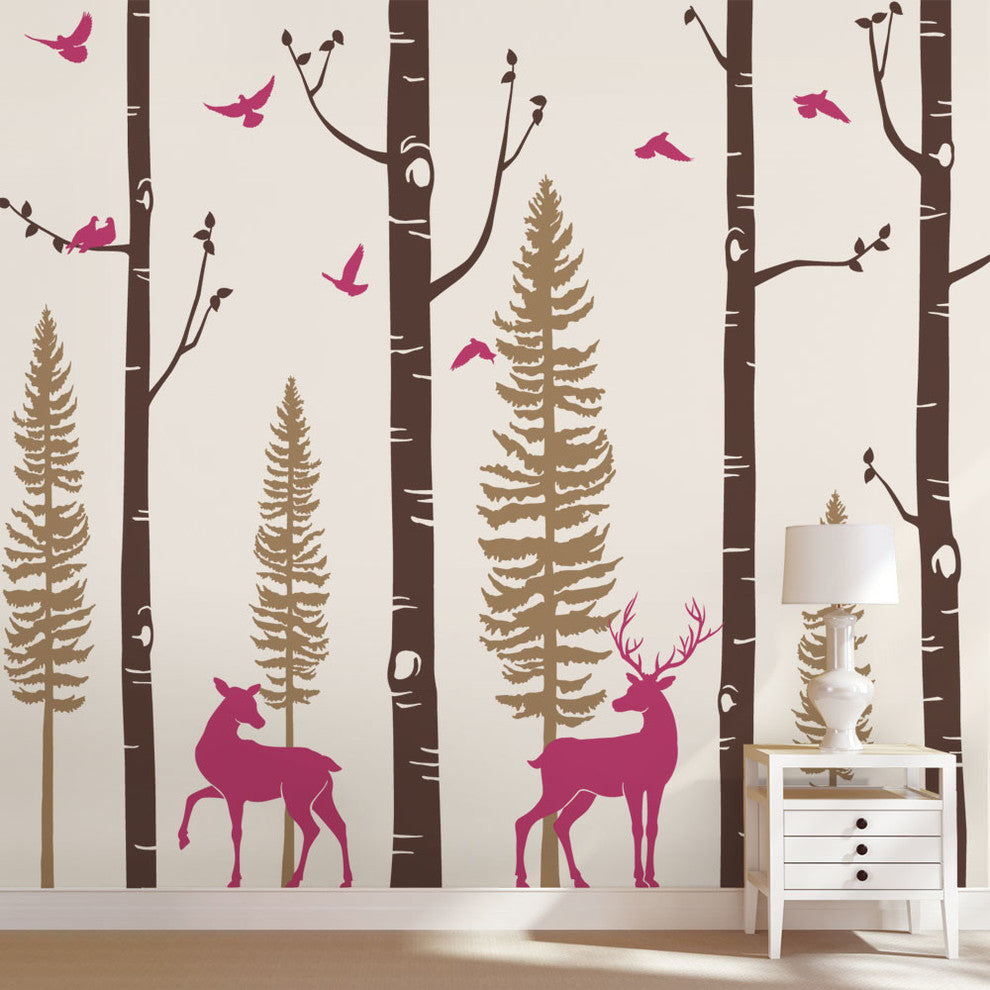 Birch Tree Wall Decal, Birds And Deer, Scheme C, 108" Tall Birch Trees