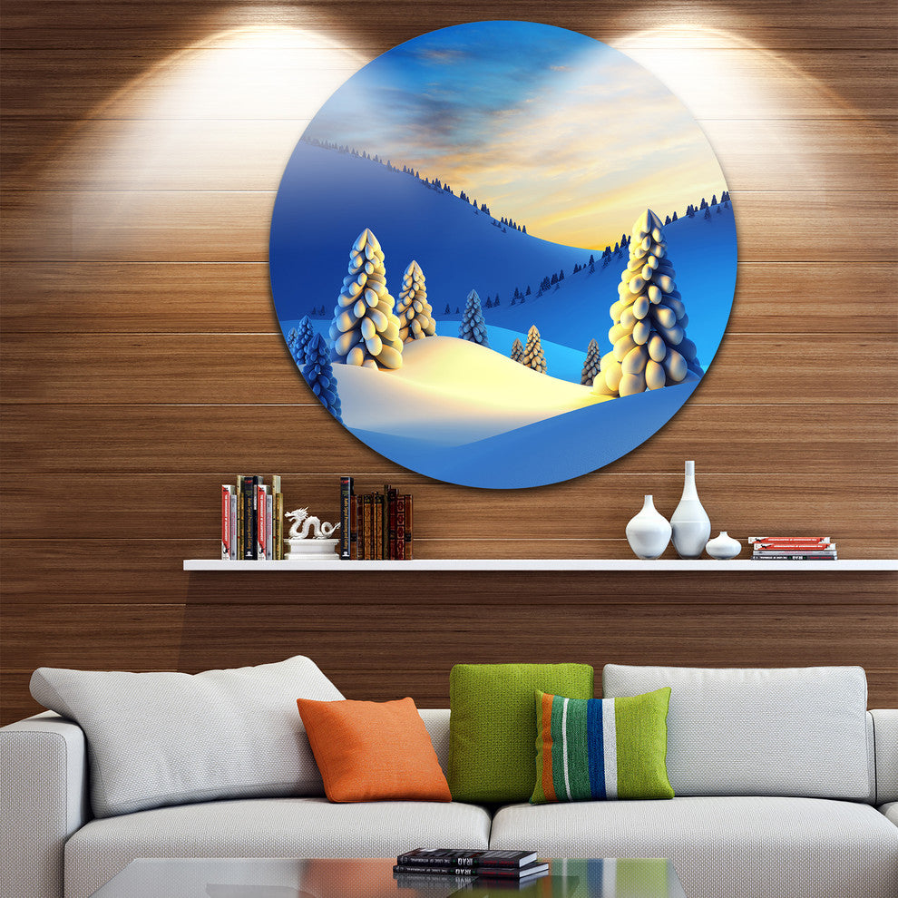 Winter Mountains With Fir Trees, Landscape Disc Metal Wall Art, 23"