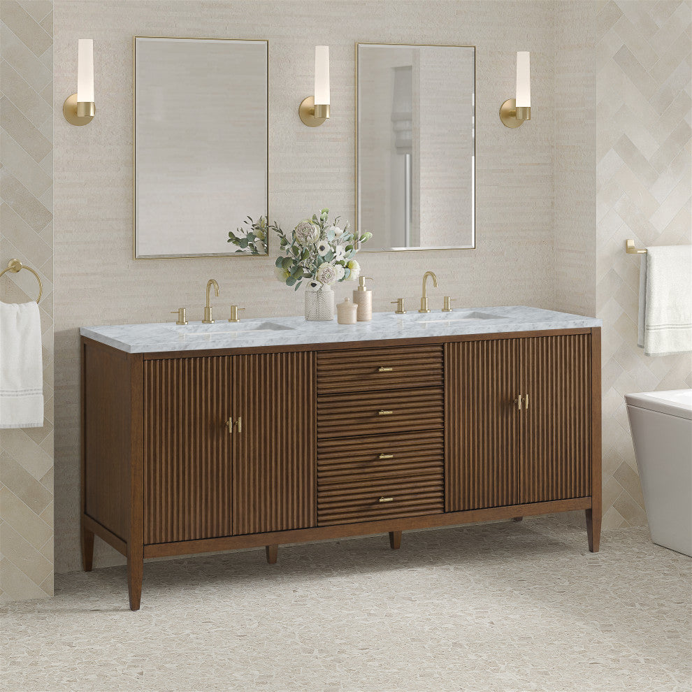 Myrrin 72" Double Vanity, Mid Century Walnut, 3 CM Carrara White Marble Top