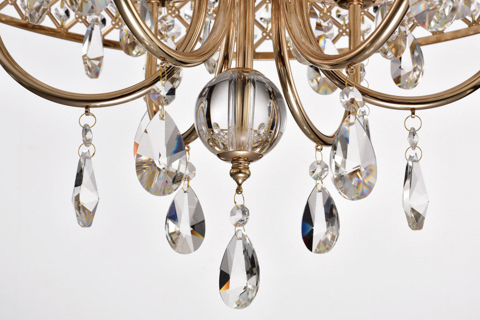 6-Light Gold Round Beaded Drum Chandelier With Hanging Crystals