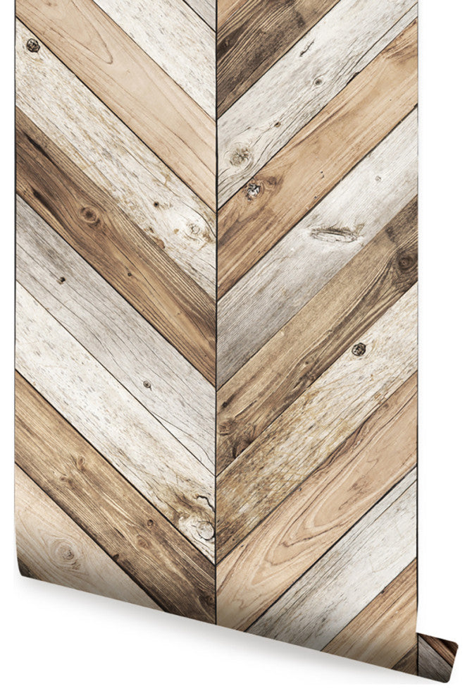Chevron Wood Herringbone Peel and Stick Vinyl Wallpaper, Original, 24"w X 108"h