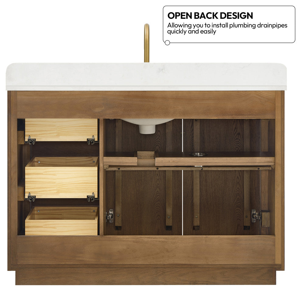 Busan Bath Vanity, Quartz Top No Mirror, Oak Classic Brown, 48", Single Vanity