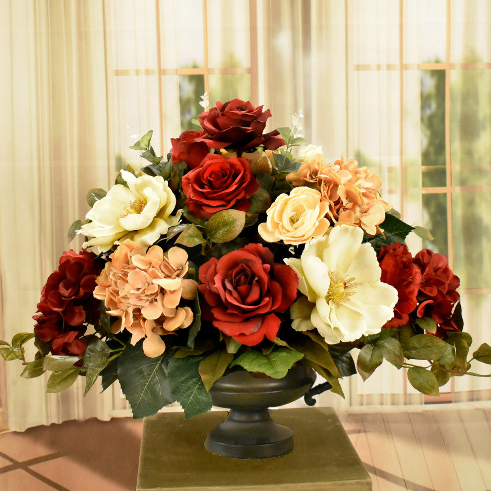 Elegant Silk Flower Arrangement with Hydrangeas, Magnolias and Roses