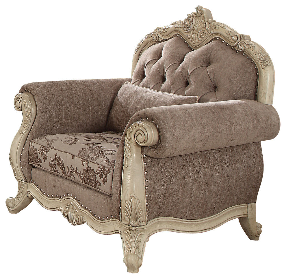 ACME Ragenardus Chair with 1 Pillow, Gray Fabric and Antique White