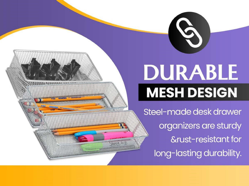 Silver Mesh Desk Drawer Organizer Tray Multipurpose Storage Holder, 3x3x2, 12