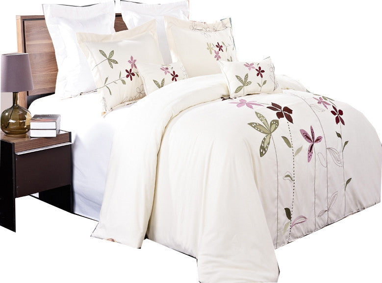 South Garden 5PC Embroidered Duvet Cover Set, Ivory, King/Cal King