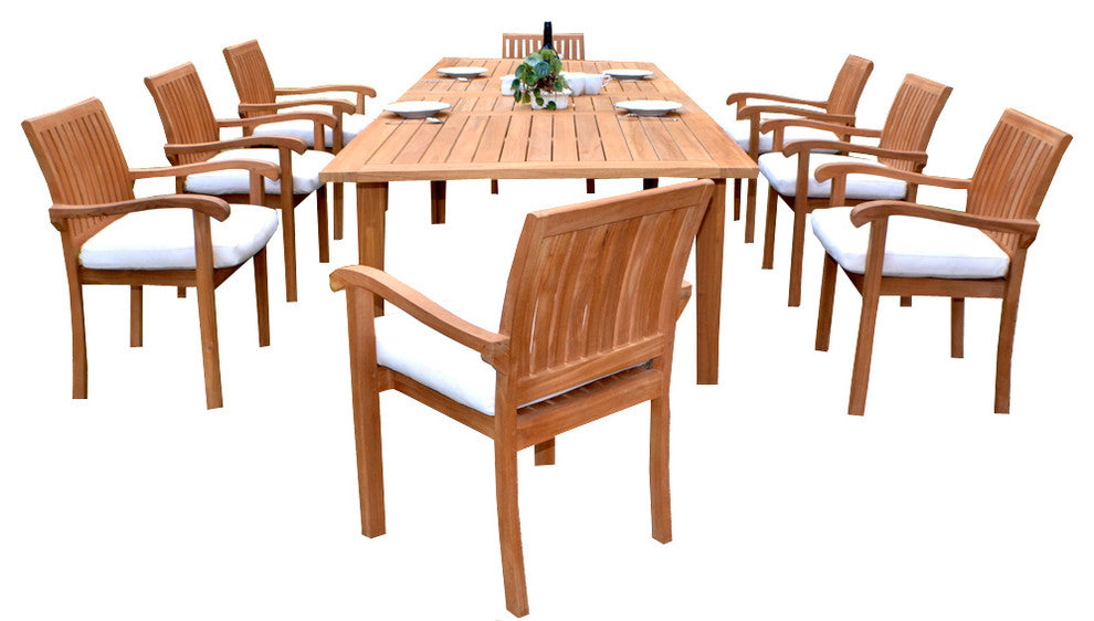 9 Piece Teak Dining Set, 122" Double Extn Rectangle Table, 8 Nain Stacking Chair