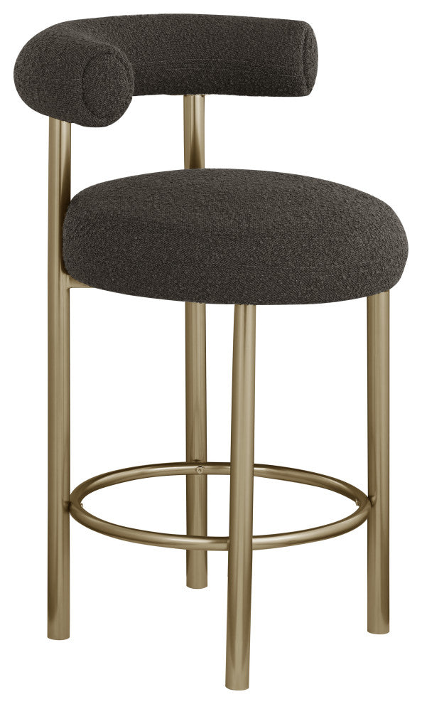 Bordeaux Upholstered Stool, Brown, Boucle Fabric, Brushed Brass, Set of 2