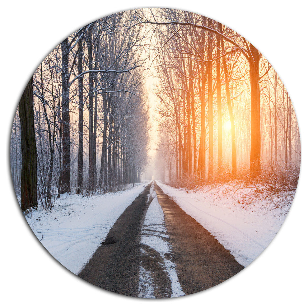 Bright Sun Break In Winter Forest, Forest Disc Metal Artwork, 23"