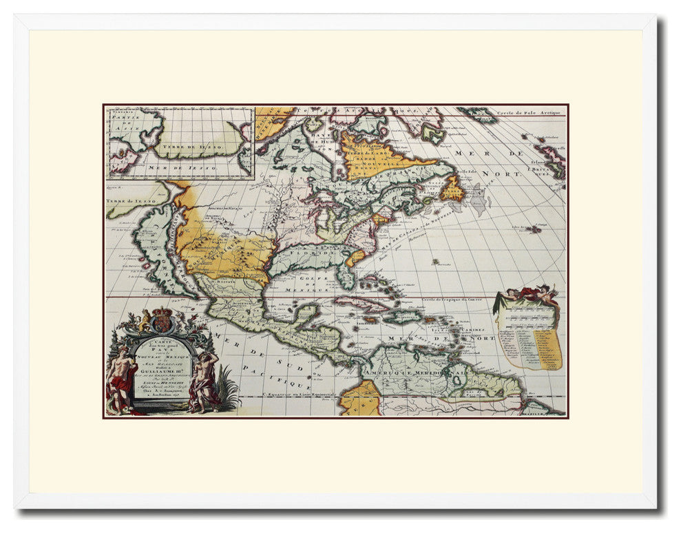 North America Old Map Print On Canvas With Frame Art Collection 16" X 21"
