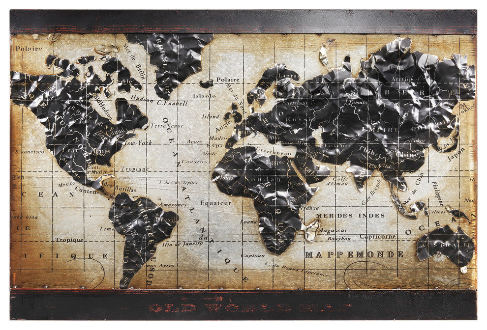"World Map" Wall Art Mixed Media Iron Hand Painted Dimensional Wall Sculpture