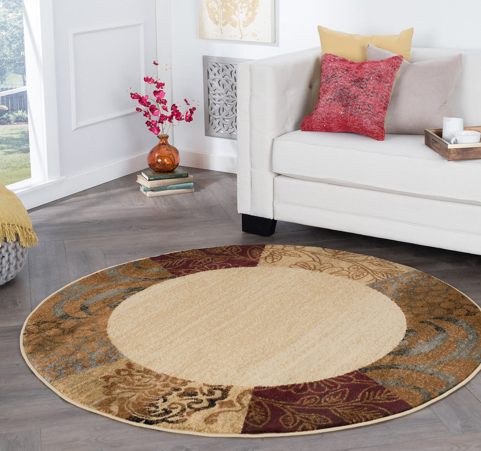 Sedona Transitional Floral Beige Round Area Rug, 5' Round