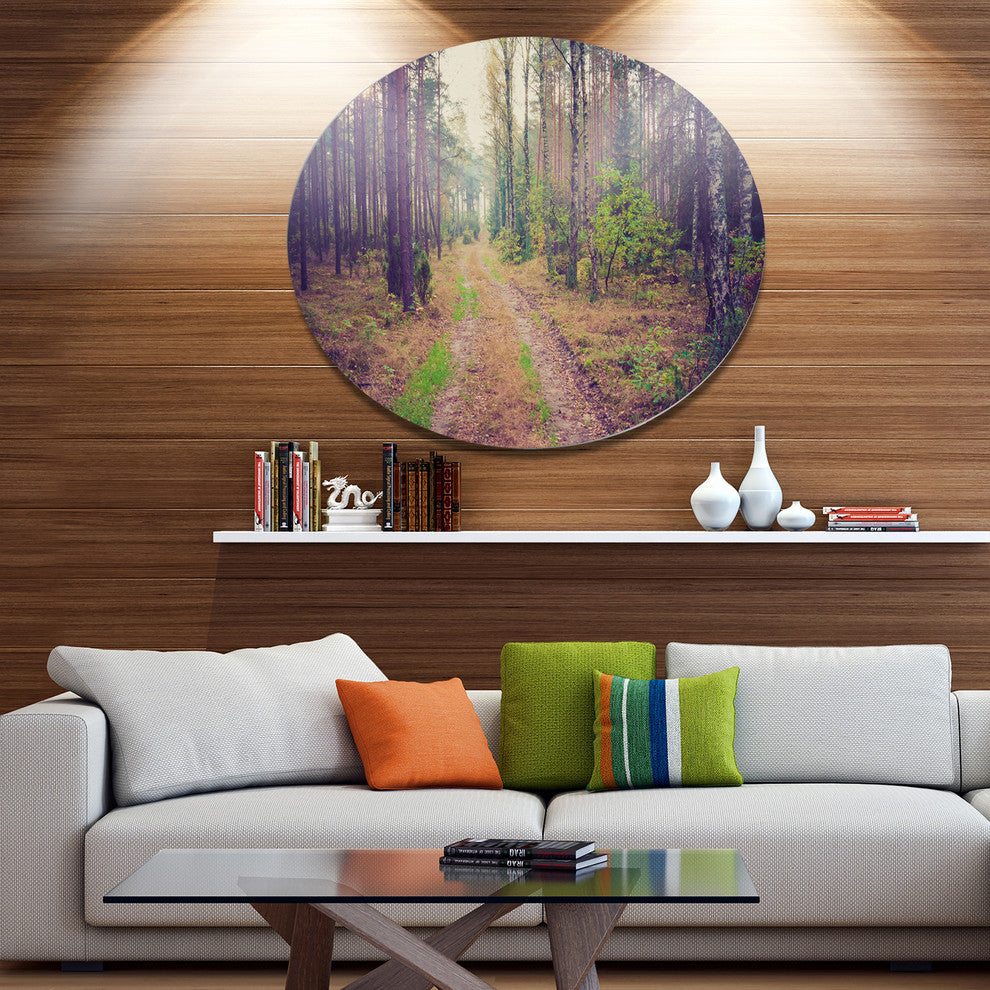 Straight Pathway In Thick Forest, Forest Large Disc Metal Wall Art, 36"