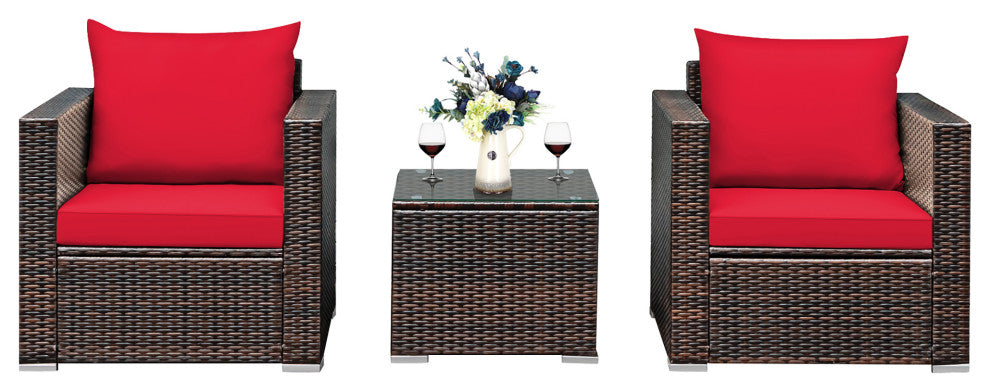 Costway 3PCS Patio Rattan Furniture Set Sofa Cushioned Garden Red