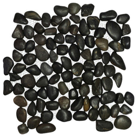 Black Pearl 12x12 Interlocking Polished Pebbles Tiles, 12"x12", Set of 50
