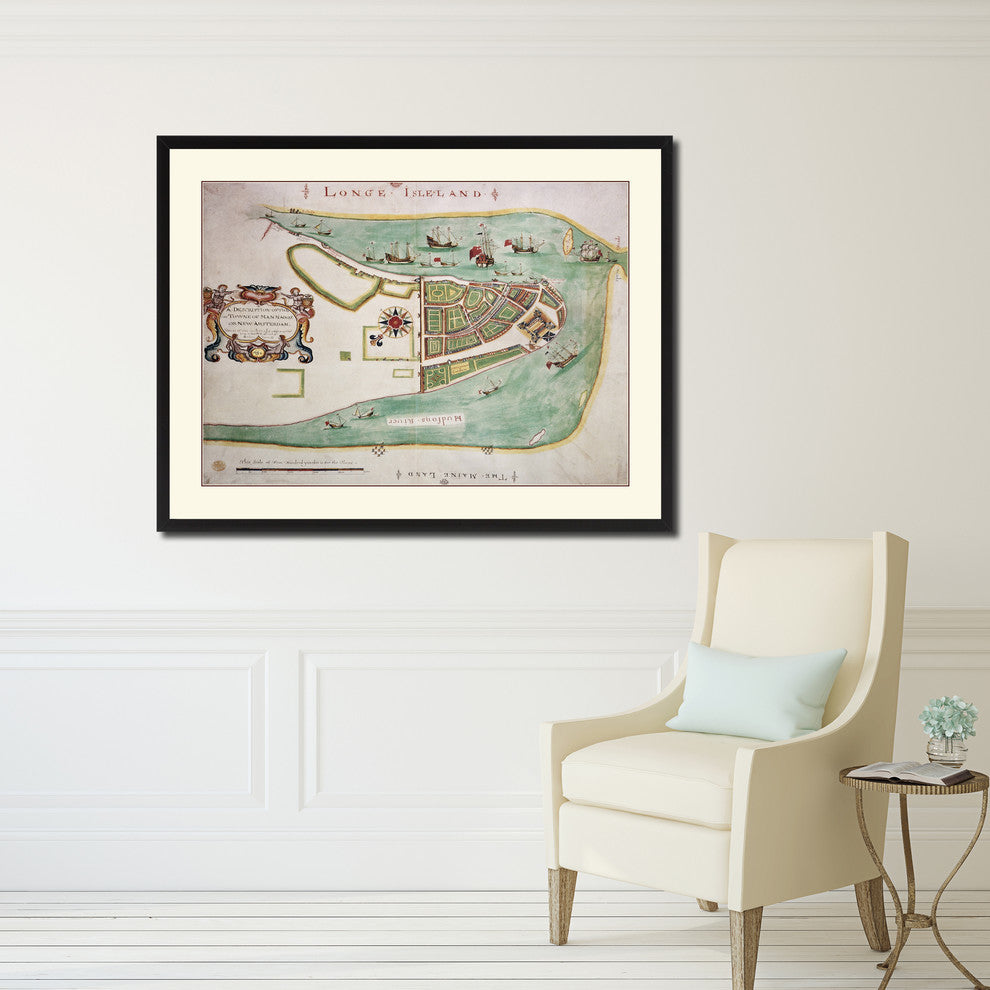 New York Vintage Map Print On Canvas With Picture Frame 16" X 21"