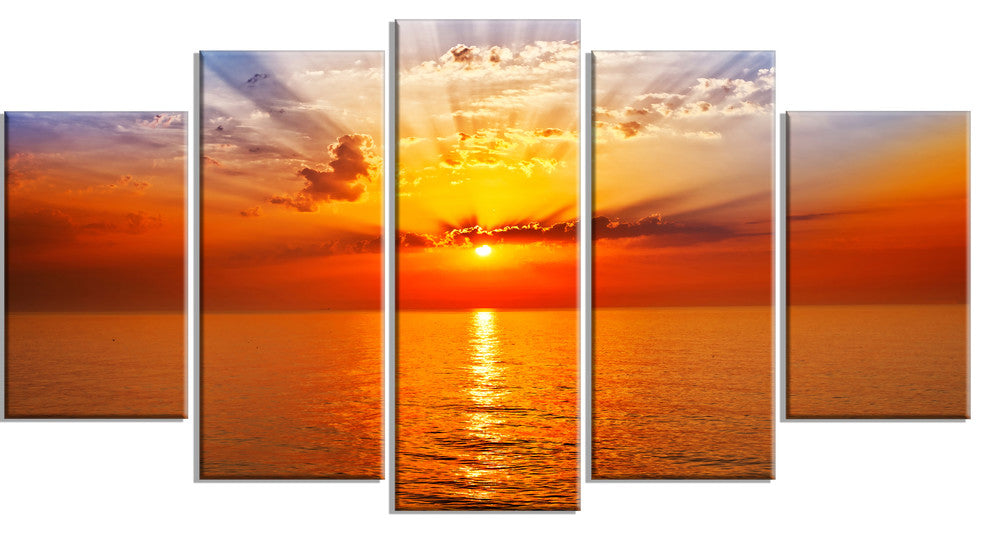 "Orange Sea Sunrise Under Blue Sky" Seashore Wall Art, 60"x32", 5-Panels