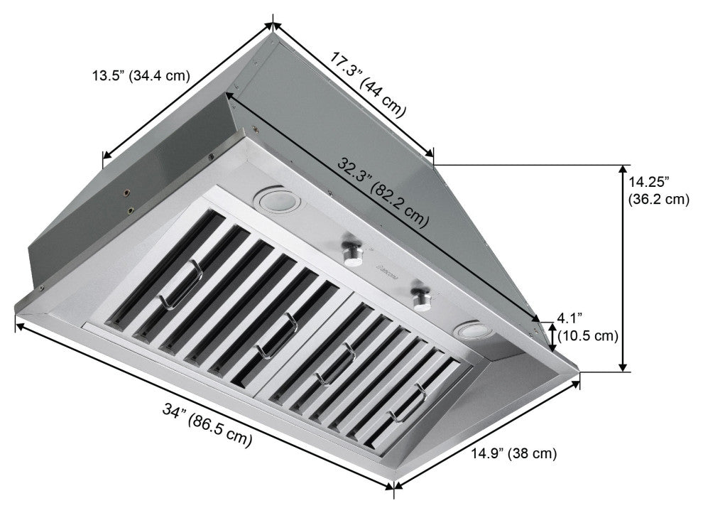 Ancona Pro 34" 600 CFM Ducted Insert Range Hood, Stainless Steel