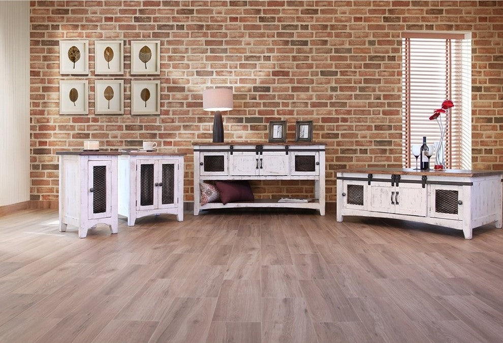 Greenview White Solid Pine Sofa Table, 2 Sliding Doors