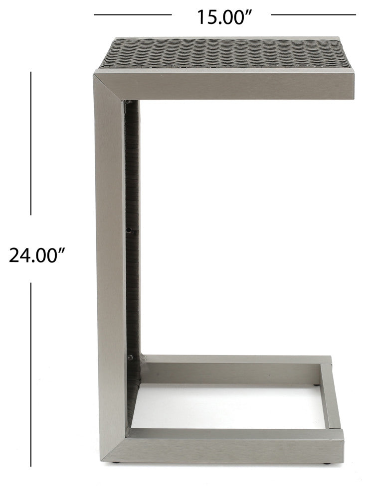 GDF Studio Outdoor Wood Finish C-Shaped End Table, Aluminum Frame, Gray