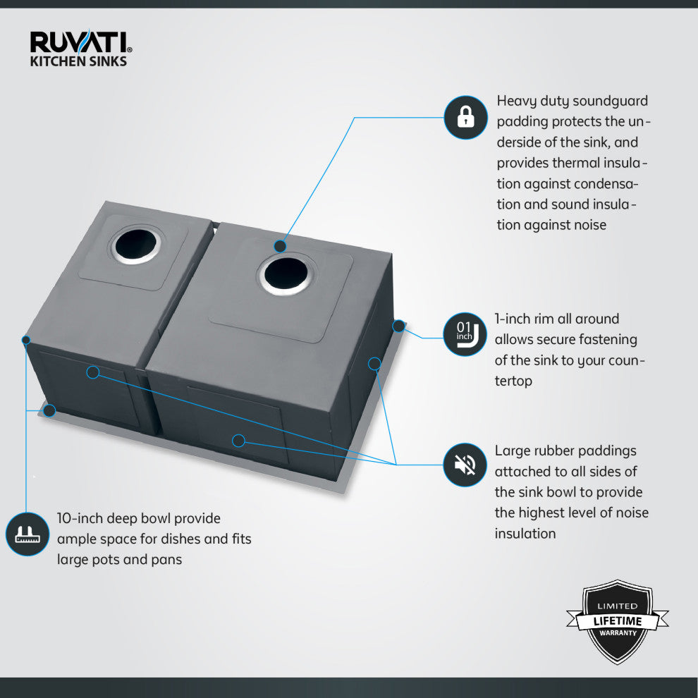 Ruvati RVH7200 Undermount Stainless Steel 29" Kitchen Sink Double Bowl
