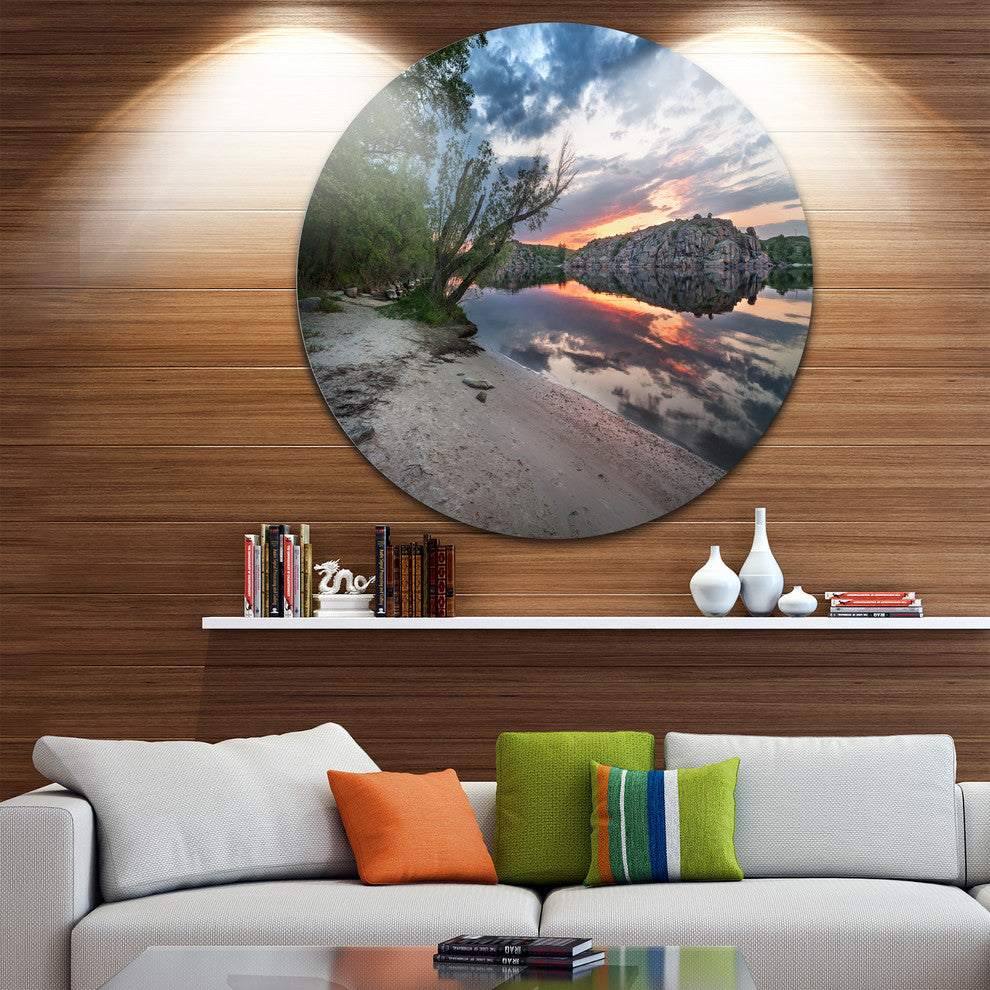 Sunset At River With Rock, Landscape Photo Disc Metal Wall Art, 23"