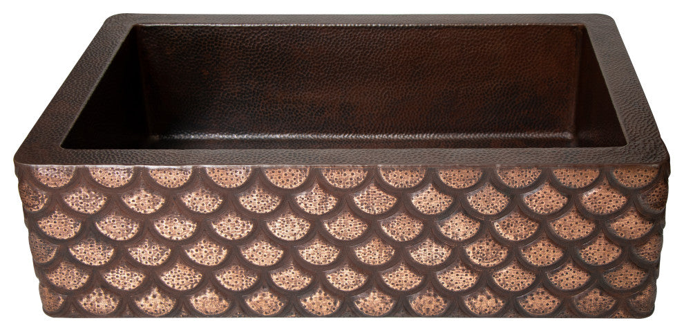 33" Farmhouse One Bowl Squama Apron Hammered Copper Kitchen Sink, 16 Gauge