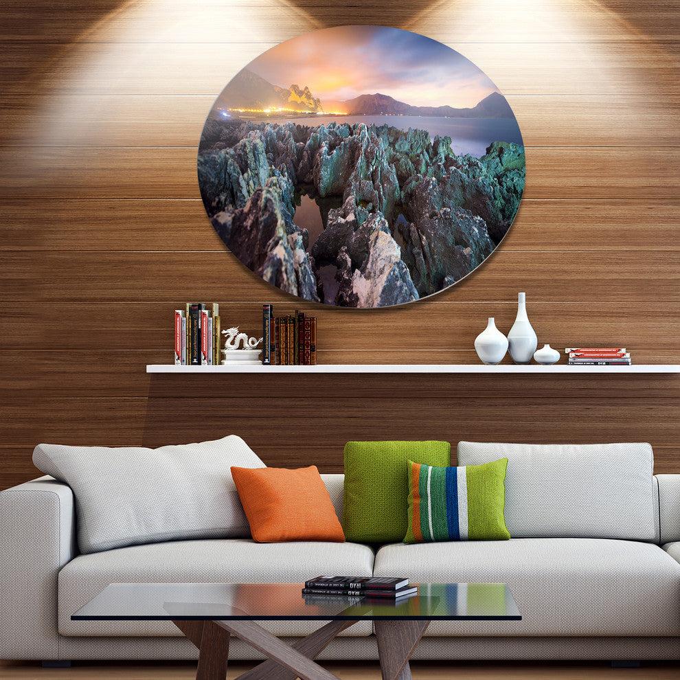 Beautiful Night View Of Coast, Landscape Round Metal Wall Art, 23"