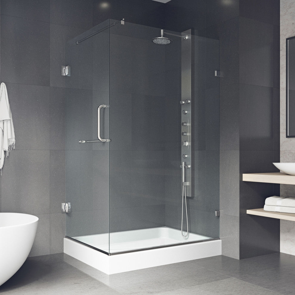 VIGO Pacifica 48"D x 36"W x 79"H Frameless Hinged Shower Enclosure, Chrome, Right Base