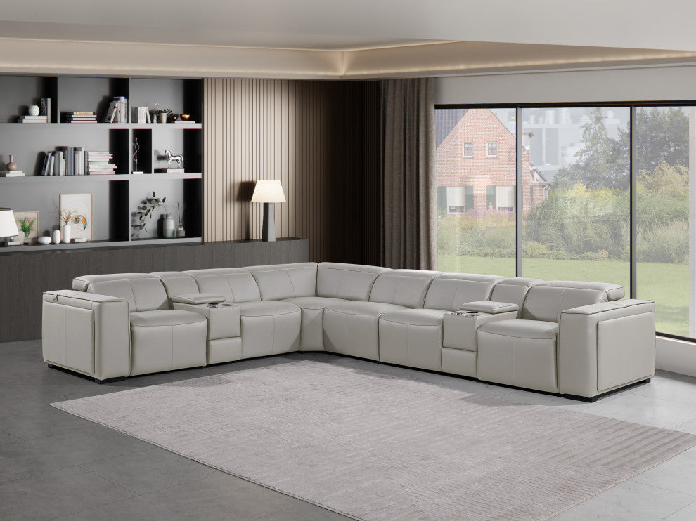 Niccolo Italian Leather 8-Piece L-Shaped Power Reclining Sectional, Light Gray