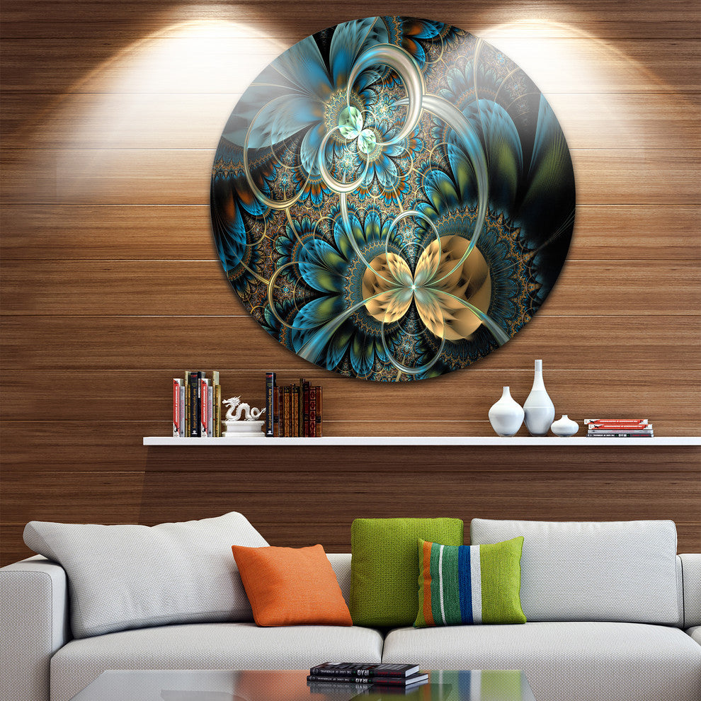 Symmetrical Blue Gold Fractal Flower, Digital Disc Metal Wall Art, 36"