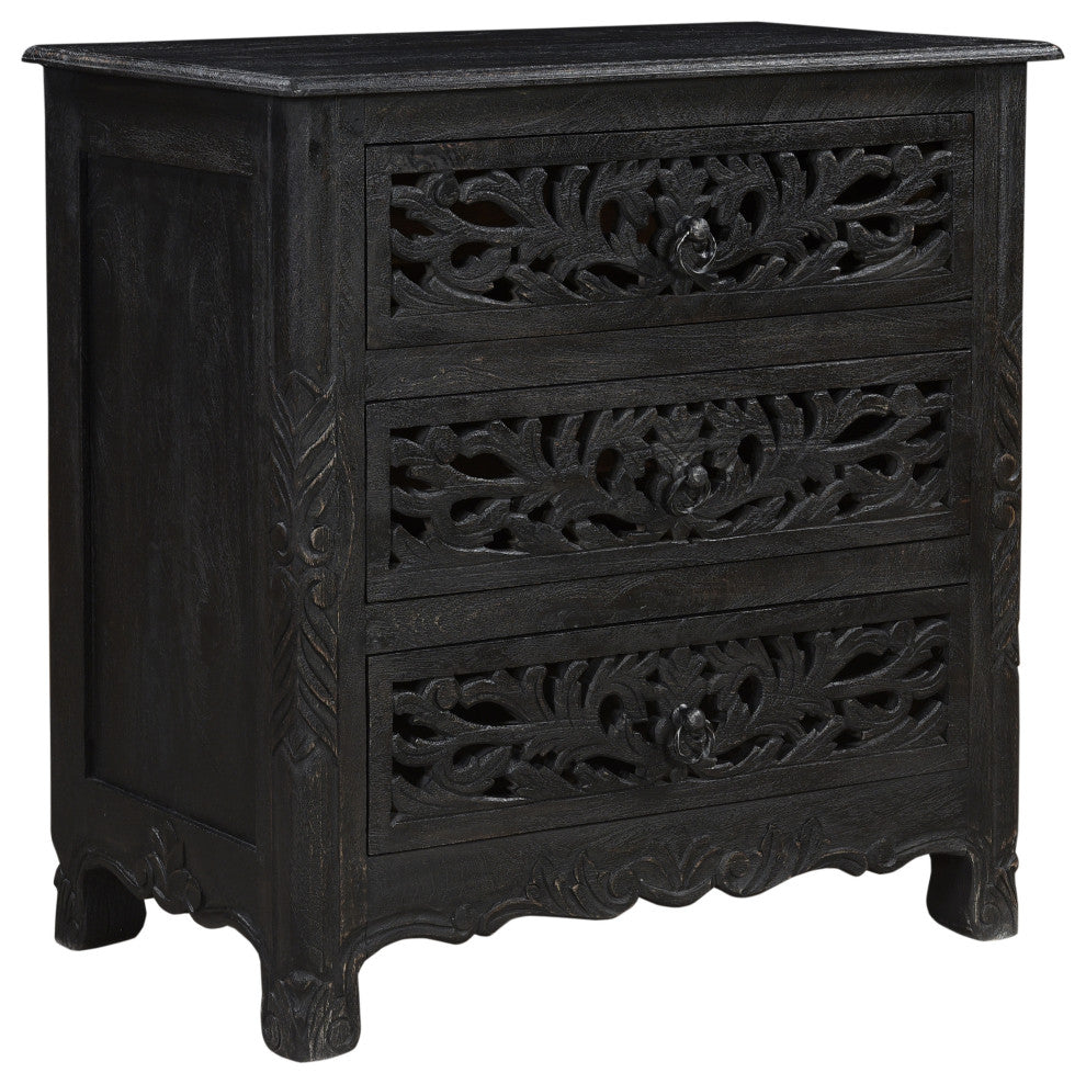 Delaney 3 Drawer Carved Nightstand, Distressed Black