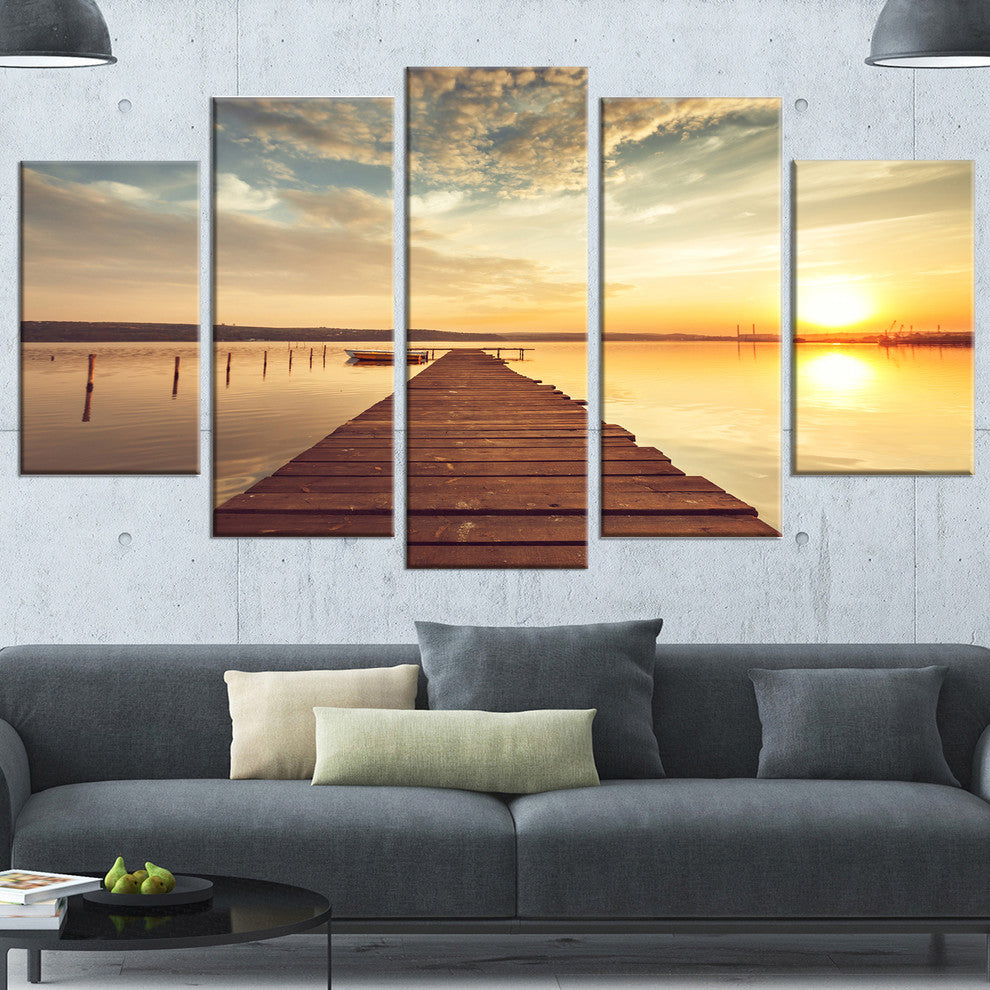 Sea Pier under Beautiful Cloudscape, Modern Canvas Print, 60"x32", 5 Panels