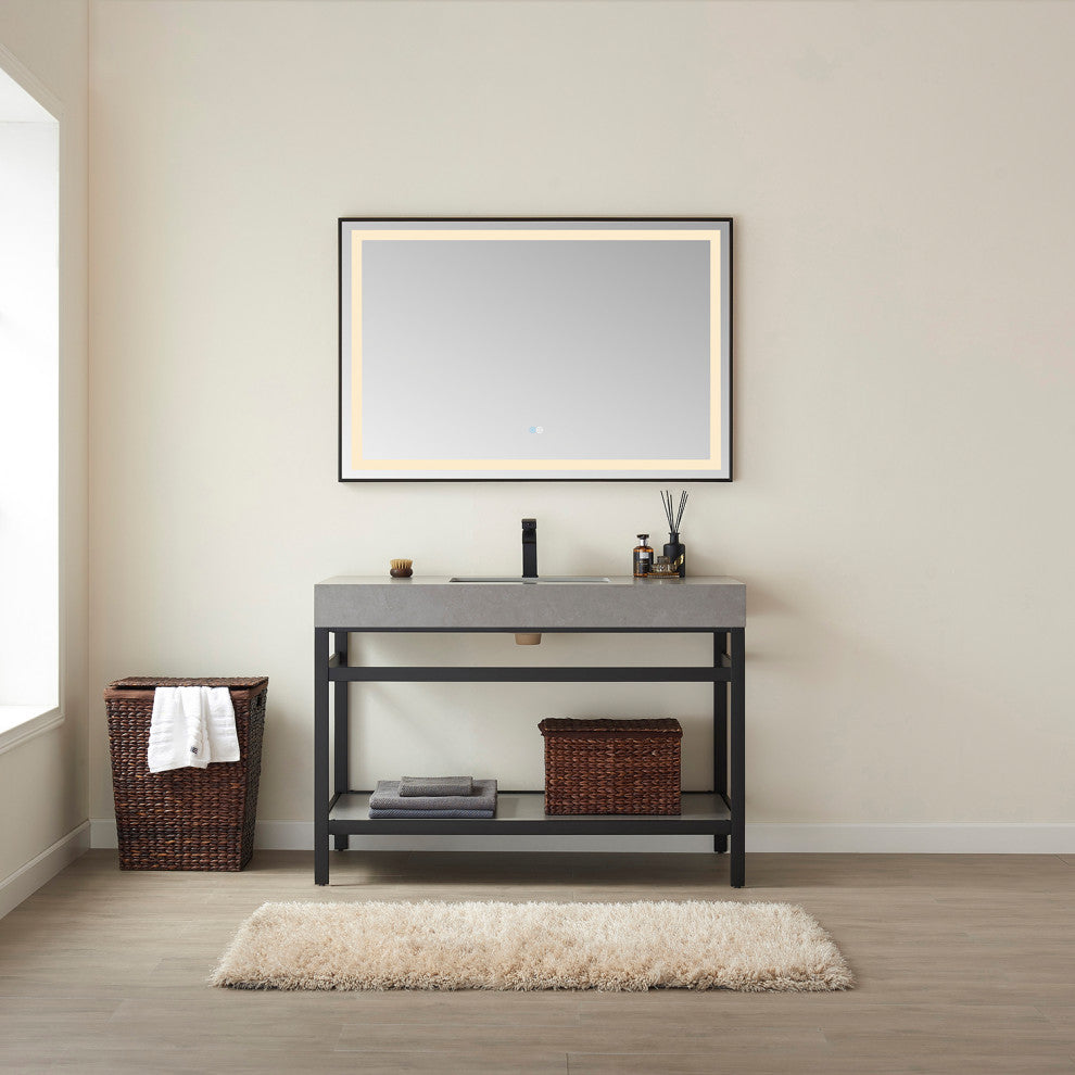 Funes Bath Vanity with Mirror, Matte Black Support, 48'', Grey Stone Top