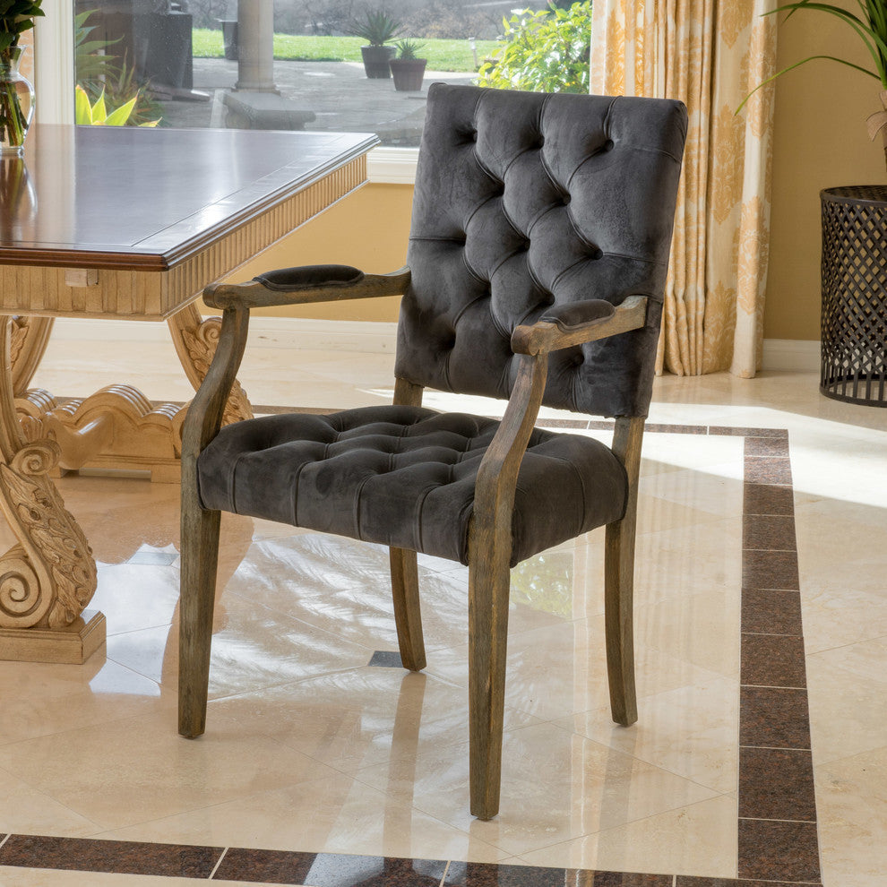 GDF Studio Myrtle Contemporary Velvet Tufted Dining Arm Chair, Charcoal and Oak