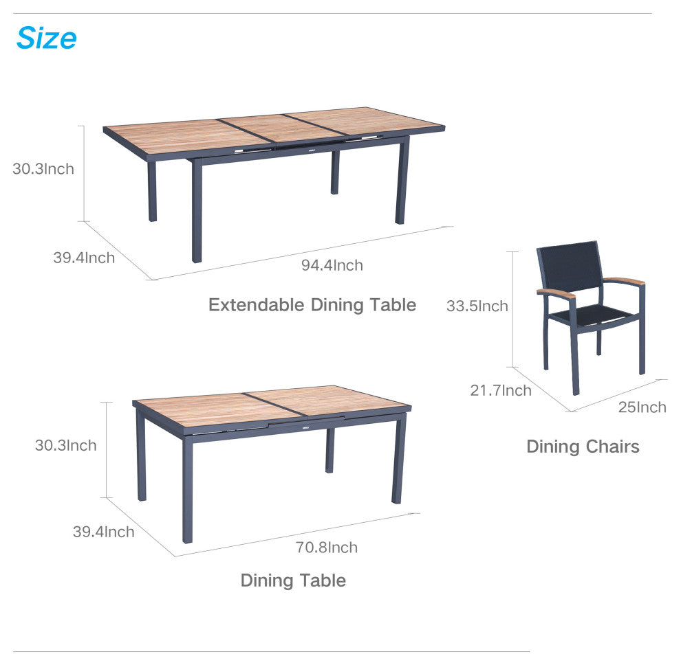 Heck Extendable Teak Outdoor Dining Set for 8 Person, Aluminum, by HIGOLD