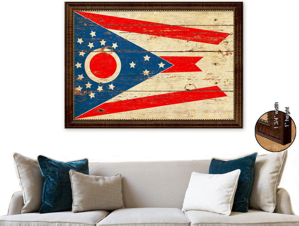 Ohio State Flag State Vintage Flag Print With Brown Gold Frame, 19"X27"