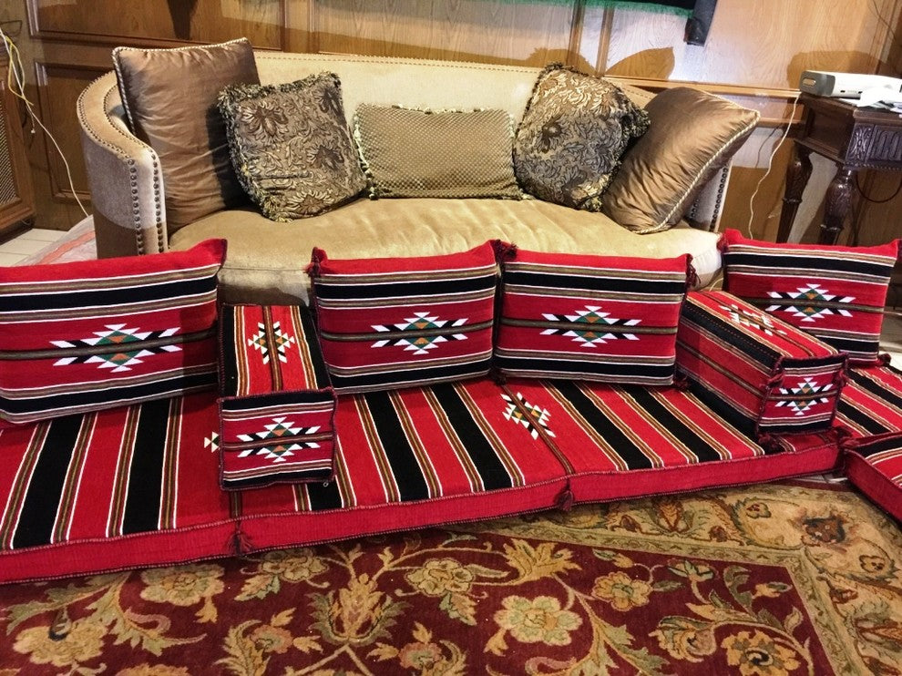 Abha 7-Piece Floor Seating Set, Traditional Arabic Red, Foam Filled