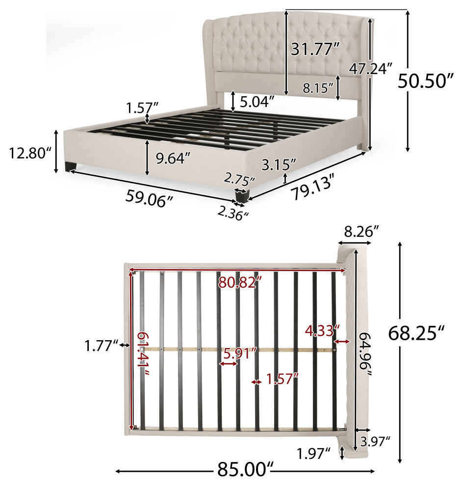 GDF Studio Twilight Fully Upholstered Fabric Queen Bed Set, Ivory