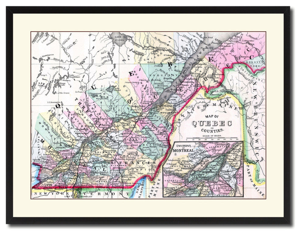 Quebec, Montreal Vintage Map Print On Canvas With Picture Frame 28" X 37"