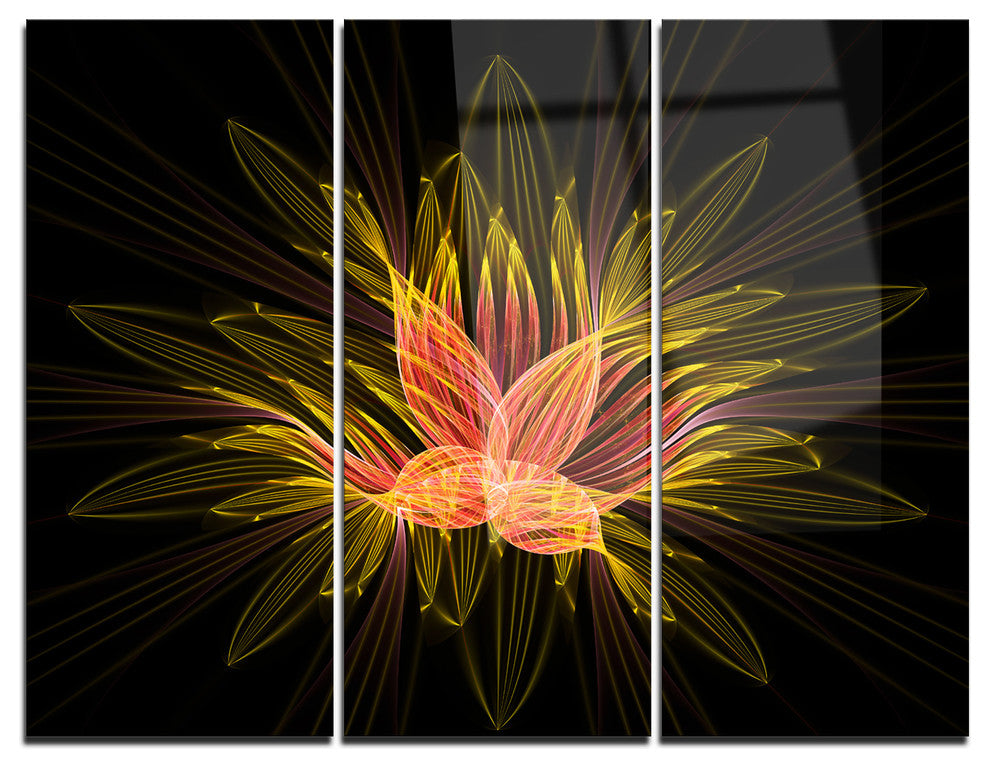 "Yellow Red Fractal Flower in Dark" Metal Wall Art, 3 Panels, 36"x28"