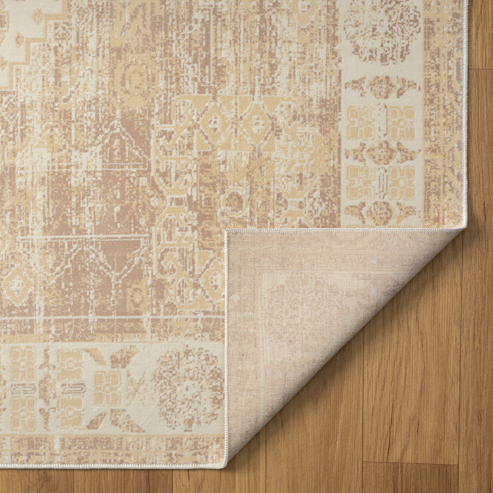 Ayla Beige Traditional Bordered Waterproof Area Rug, 2' X 5'