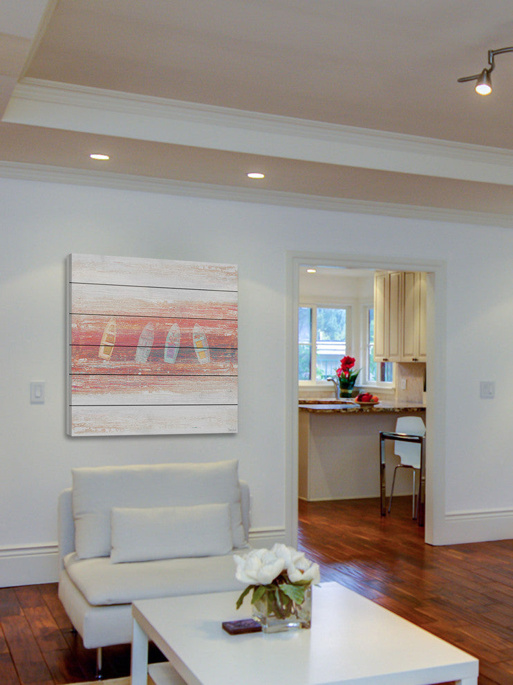 "Four Small Boats" Painting Print on White Wood, 40"x40"